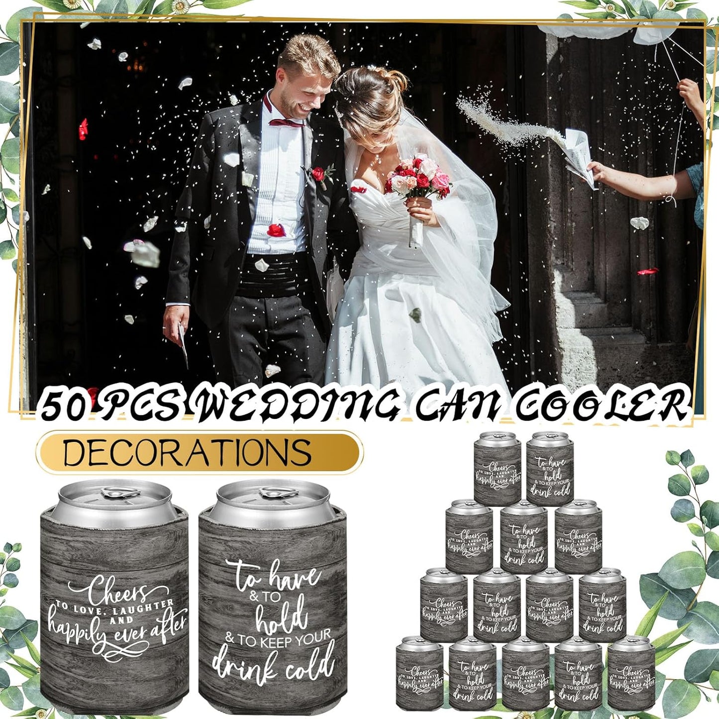 50 Pieces Wood Grain Wedding Can Cooler Sleeves Bulk Engagement Party Favors for Guests Cheers to Love Laughter and Happily Ever After Rehearsal Dinner Decorations for Wedding Bridal