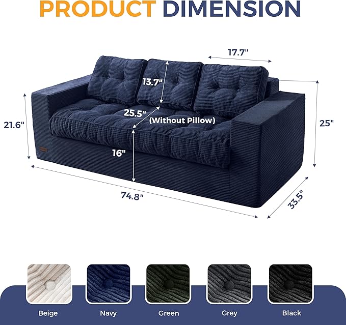 MAXYOYO Oversized Loveseat Sofa Couch, Upholstered Bean Bag Chair Cloud 3-Seat - Image 2
