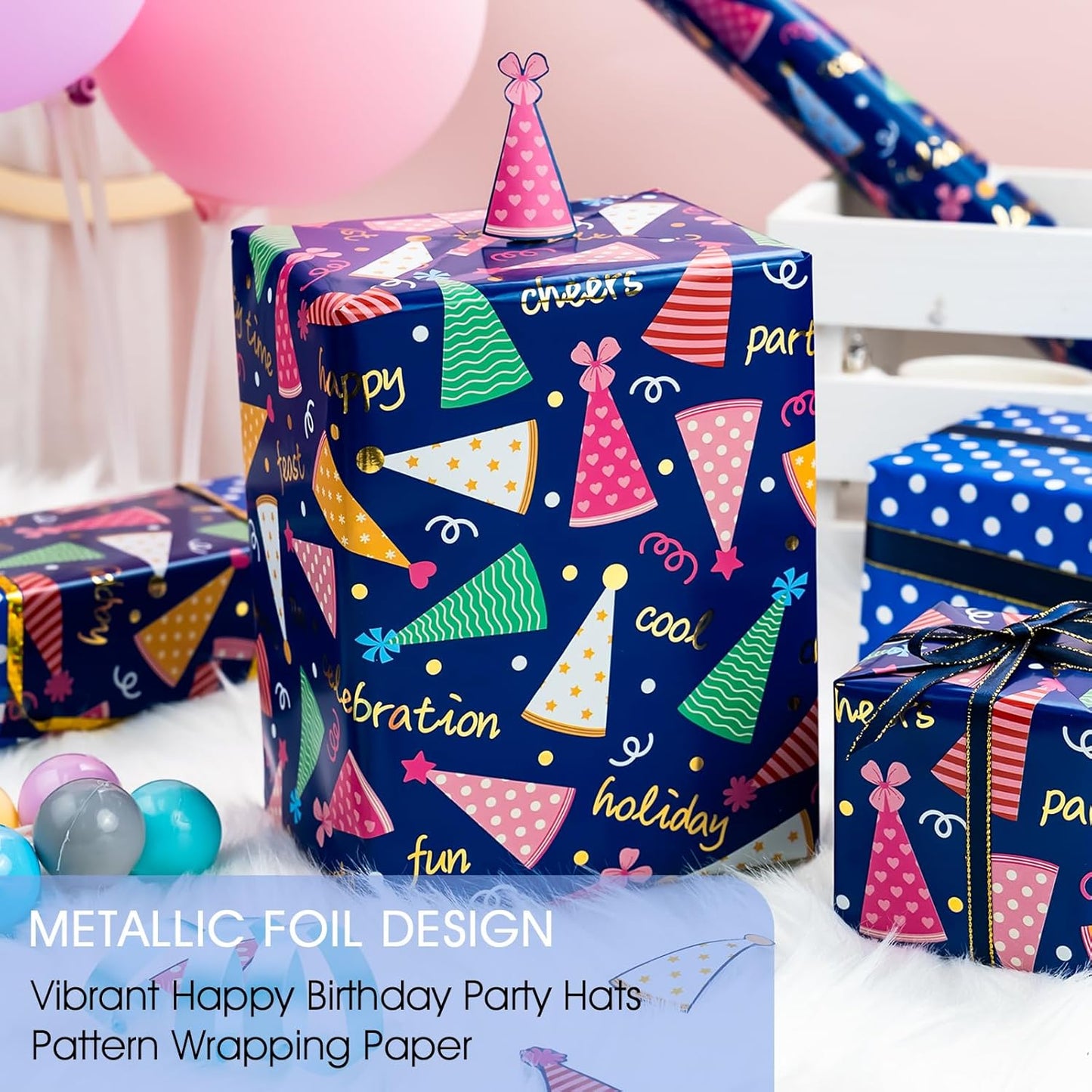 Yarcony Boys Birthday Wrapping Paper Roll - 17 Inch X 33 Feet - Reversible Metallic Foil Navy Blue Men Boy Gift Wrap Paper Blue Wrapping Paper for Birthday, Party, Baby Shower, Holiday, Father's Day