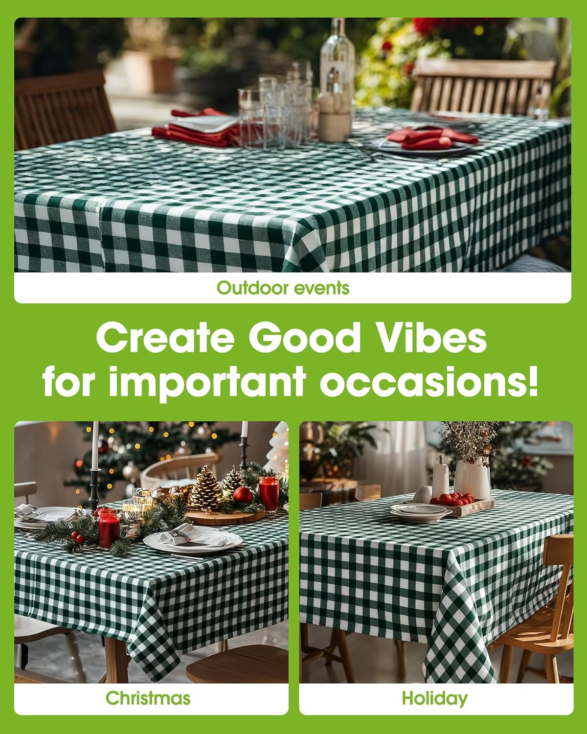 Pureegg Plastic Table Cloth Disposable 10 Pack, 54 x 108 Inch Table Cloths, Party, Picnic, Decorative Gingham Tablecloths, Rectangle, Green and White Checkered Cover, Leakproof & Sturdy, Green Plaid