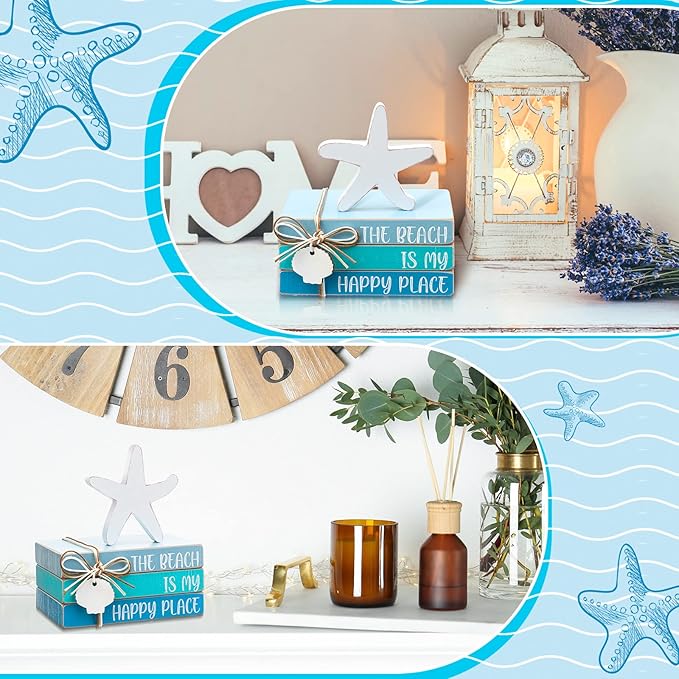 Pinkunn 4 Pcs Summer Table Coastal Theme Decorations Wooden Beach Starfish - Image 6