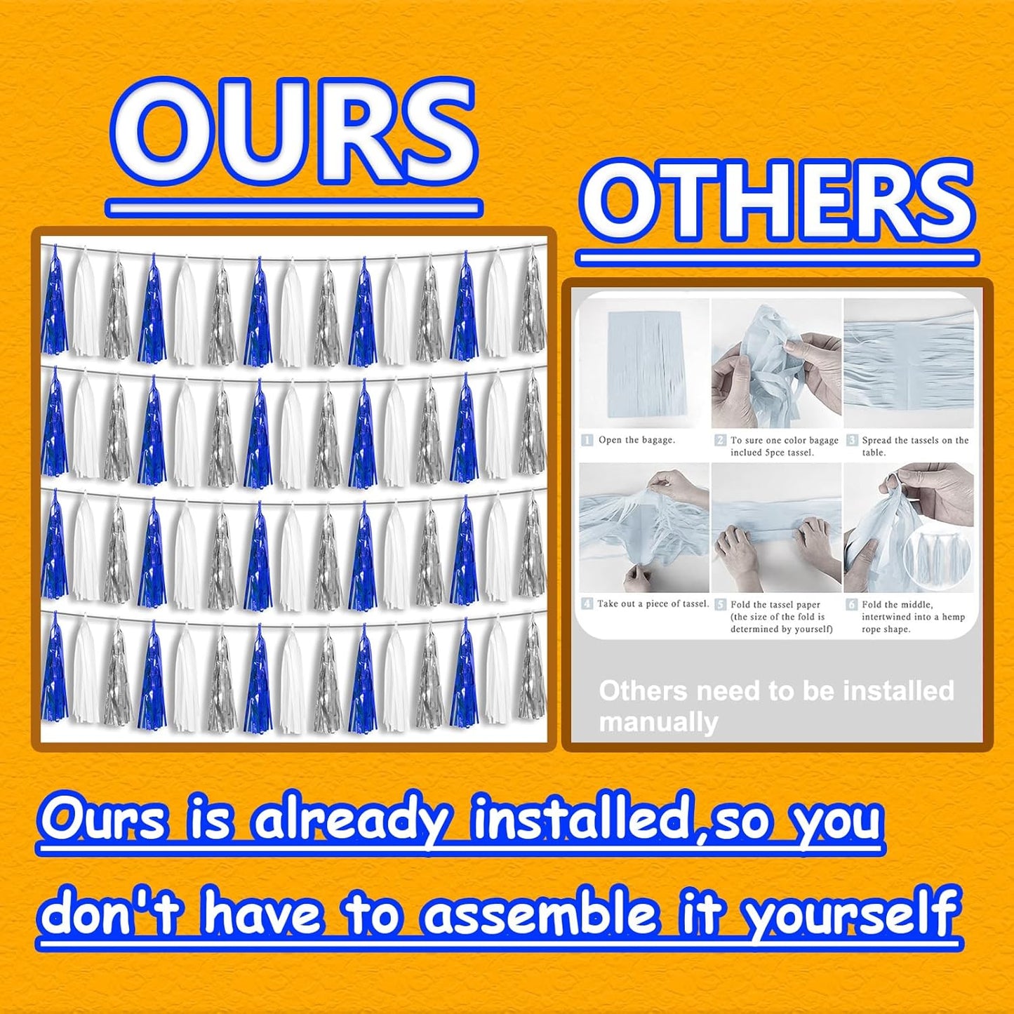 4P Navy Blue White Silver Foil Fringe Tassel Banner Garland Metallic Tinsel Streamers Wall Hanging Curtain Backdrop Banner for Parade Floats, 2024 Graduation Decorations, Retirement Party Decorations