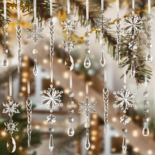 AuroTrends Christmas Tree Decorations 18Pcs, Acrylic Crystal Ornaments for Christmas Tree- Hanging Christmas Snowflake Decorations for Christmas Tree Ornaments