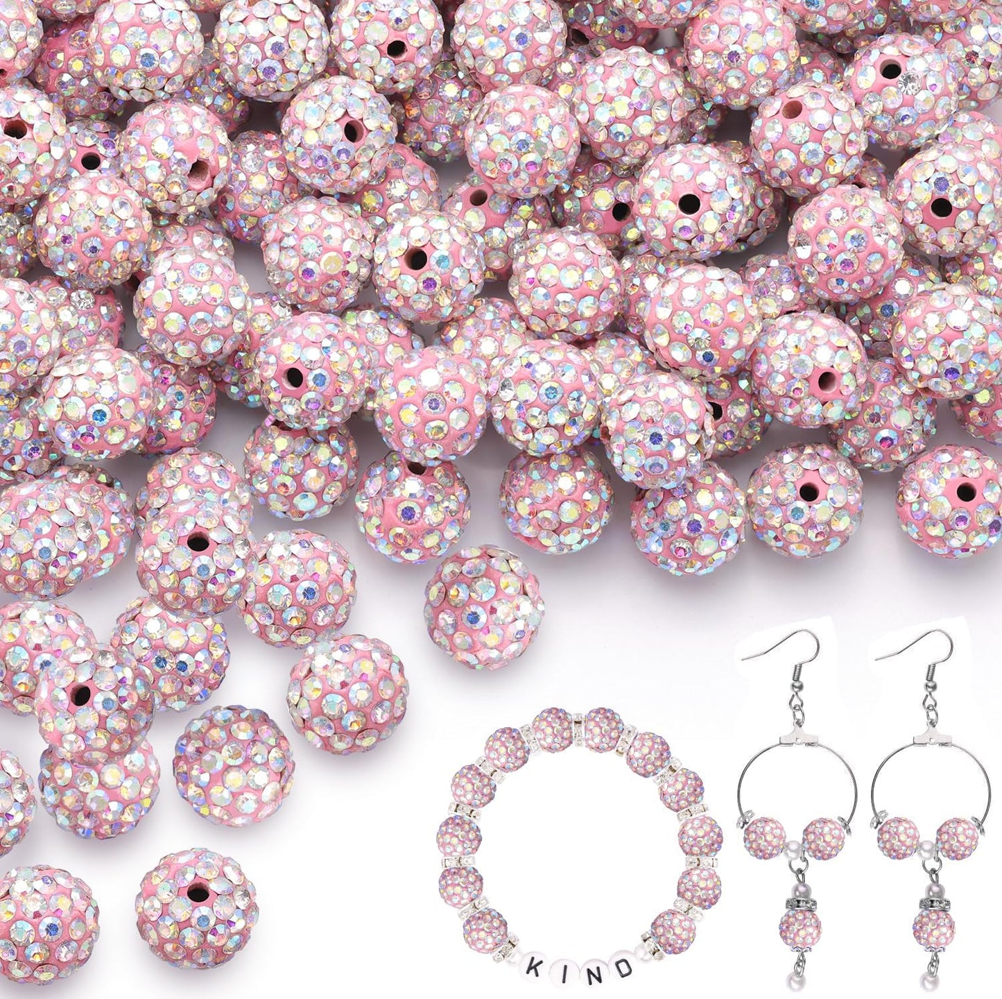 150pcs 10mm Rhinestone Beads for Jewelry Making, Pink AB Shiny Round Shamballa Disco Beads Bulk, Sparkle Crystal Clay Christmas for Bracelet Baseball Necklace Earring Crafting and DIY