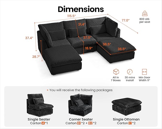 115" Oversized Corduroy Couch Modular Sectional Sofa, Washable Cloud Couch - Image 2