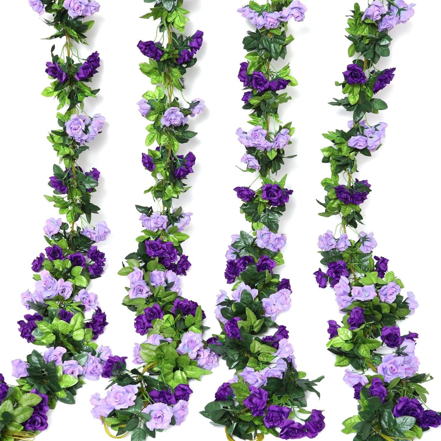 Floweroyal 4 Pack Artificial Flower Garlands 7.9FT Fake Rose Vines Silk Flowers Hanging Rose Ivy for Wedding Arch Party Home Garden Wall Decor (Purple)