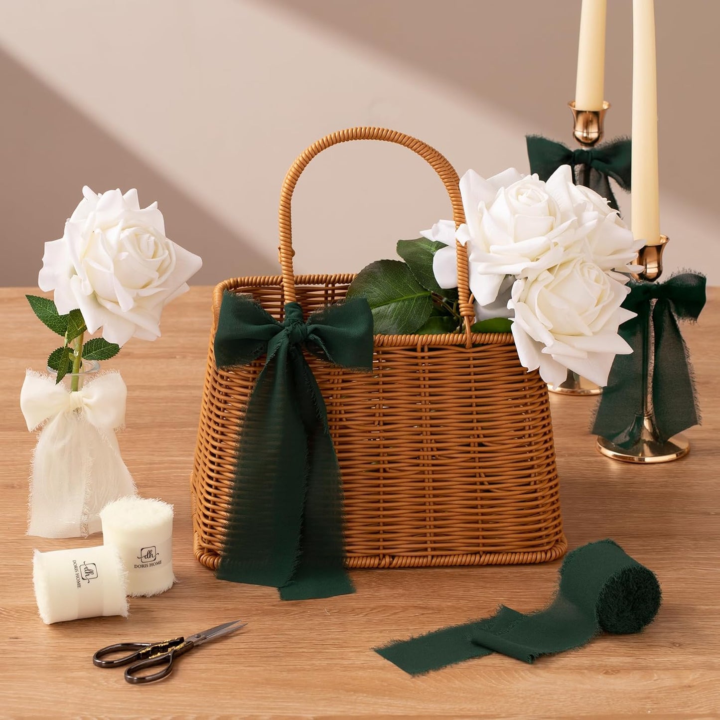 DORIS HOME Cream White Chiffon Ribbon for Flower Bouquet, 2" x21Yd Fabric Ribbon for Gift Wrapping, Handmade Frayed Ribbon for Wedding/Christmas Decorations