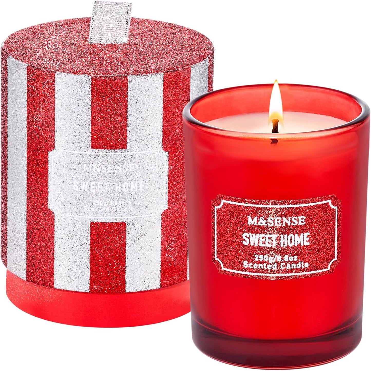 M&SENSE Cinnamon Apple Scented Candles, Classic Size 8.8 oz Glitter Jar Candles, Holiday Candles Gifts for Women, Strong Scented Natural Soy Candle For Winter Home Decor, 50 Hours Long Burning Candles