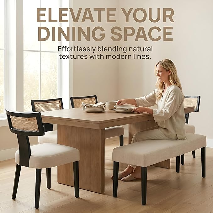 HNY Mid Century Modern Rattan Dining Chairs Set of 4, Farmhouse Linen - Image 7