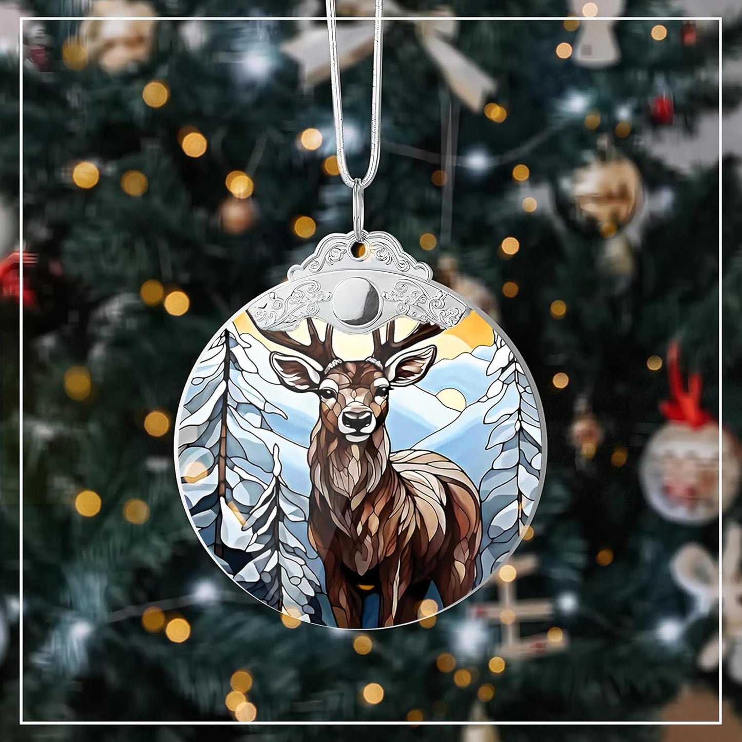 Deer Ornament 2025 – Stained Glass Look Acrylic Hanging Decor, 4 Inch Holiday Keepsake, Nature Scene Car Charm, Rustic Christmas Tree Decoration, Gift for Wildlife Lovers