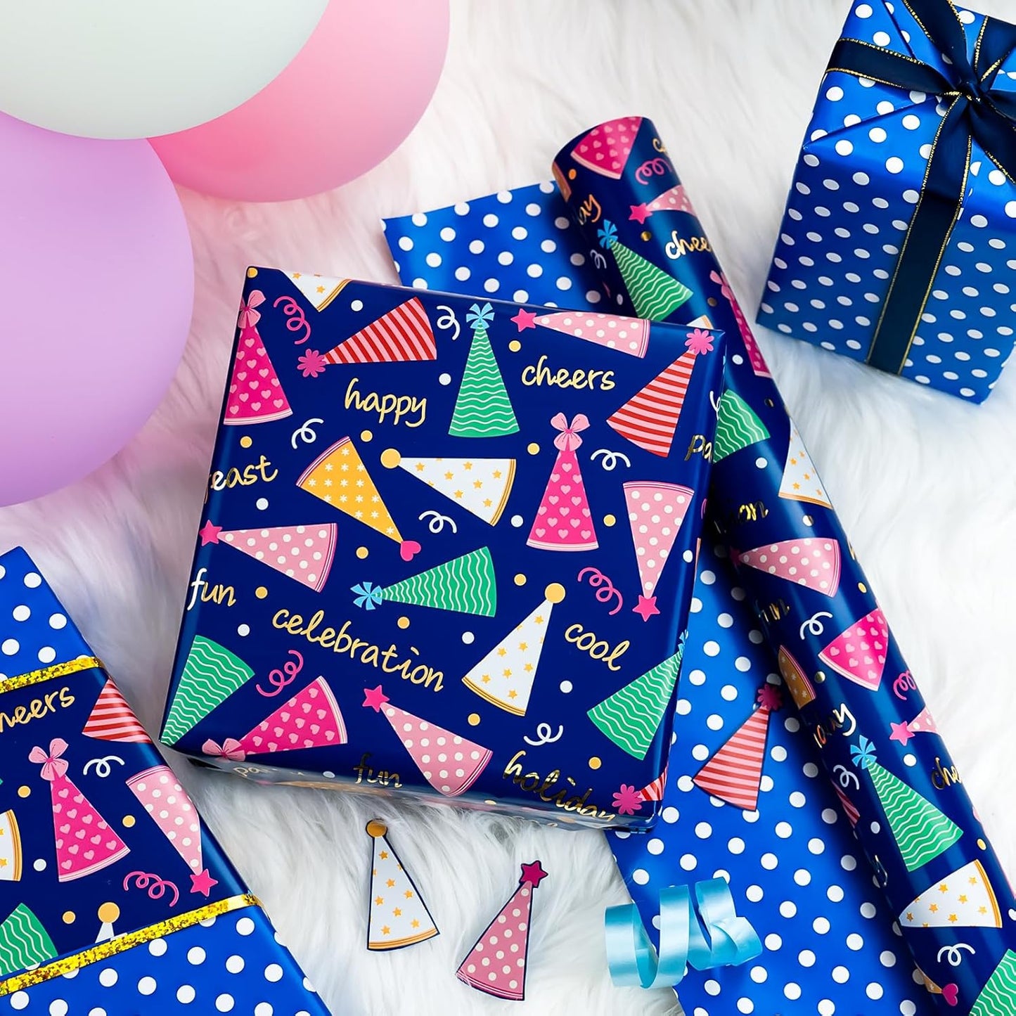 Yarcony Boys Birthday Wrapping Paper Roll - 17 Inch X 33 Feet - Reversible Metallic Foil Navy Blue Men Boy Gift Wrap Paper Blue Wrapping Paper for Birthday, Party, Baby Shower, Holiday, Father's Day