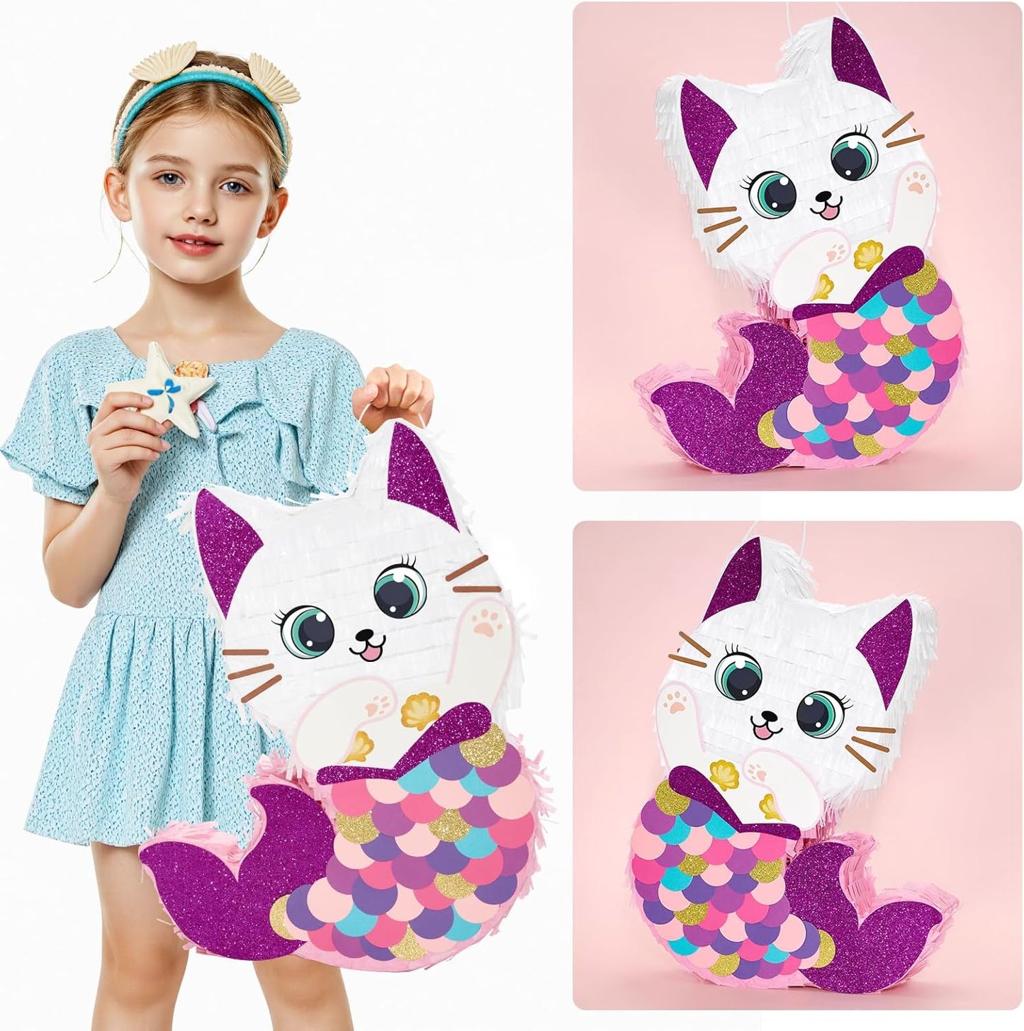 WERNNSAI Cat Piñata - Kitten Mermaid Birthday Party Decorations Kids Mermaid Pinata with Blindfold and Bat for Girls Summer Under the Sea Birthday Party Supplies Game Set