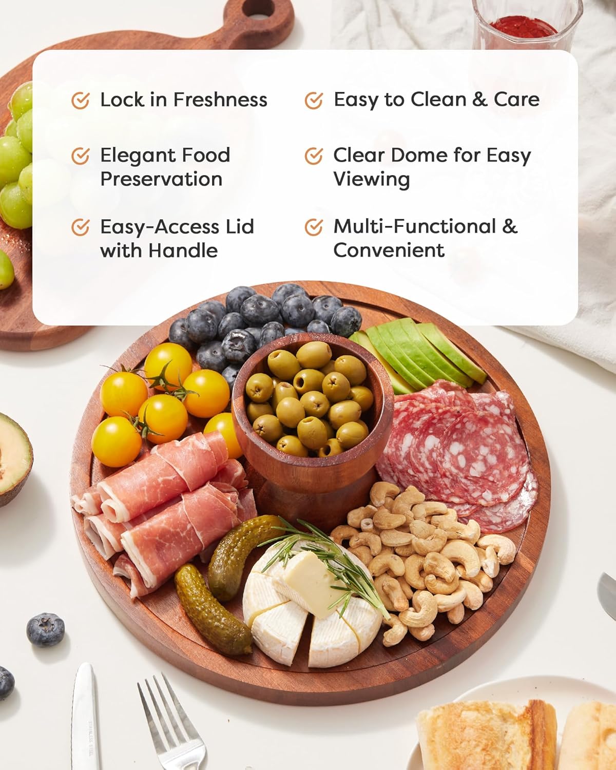 Kootek Wood Cake Stand with Lid, 2-in-1 Wooden Cake Plate & Covered Charcuterie Board, Footed Cake Container Dessert Display Holder with Dome Cover for Weddings, Parties, Bakeries (12 Inch)