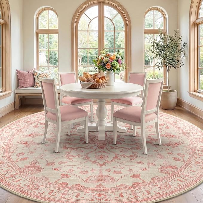 RELEANY Area Rugs Round 8ft Washable Non-Slip, Floral Vintage Distress Print - Image 2
