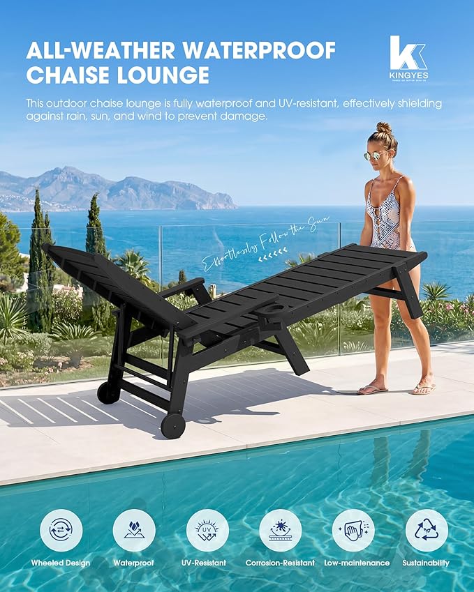 KINGYES HDPE Lounge Chair Outdoor Set of 2, Patio Chaise Lounge Recliner - Image 6