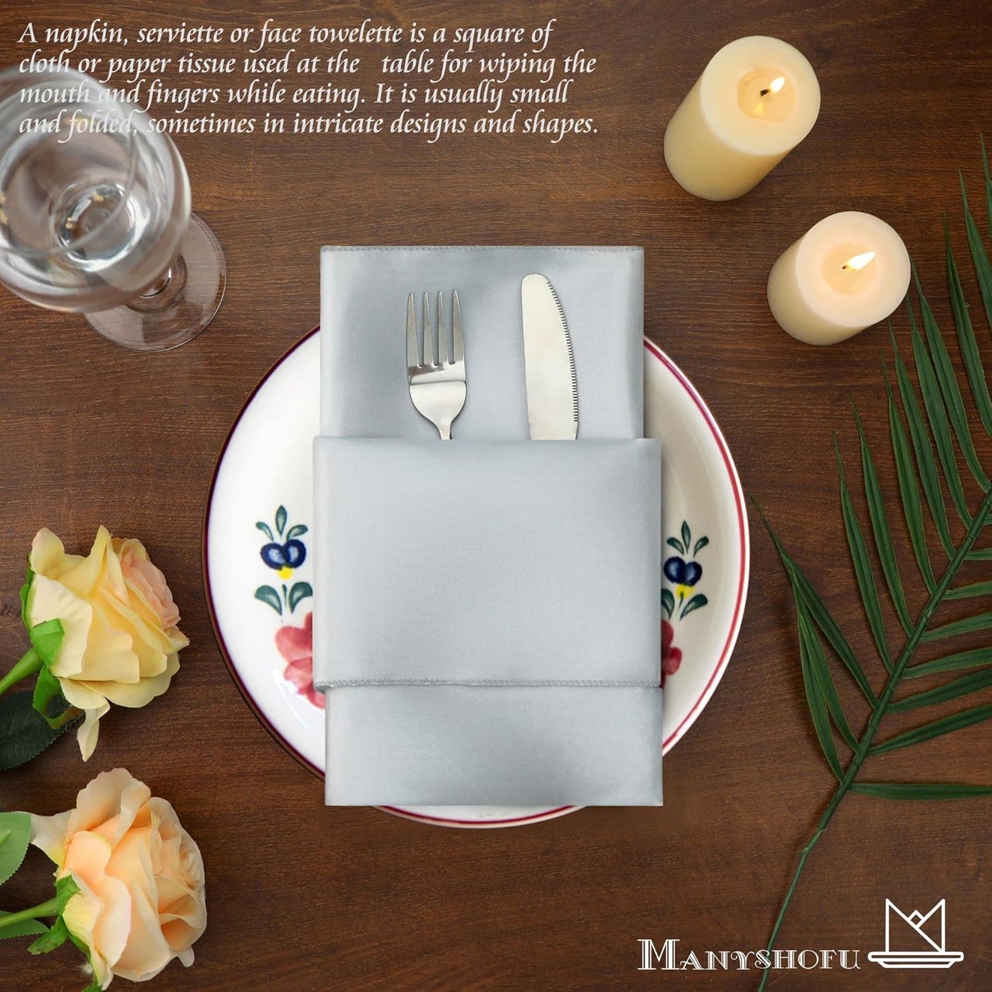 Manyshofu 60 Pieces Silver Satin Napkins - 20x20 Inches Cloth Napkins, Square Satin Fabric Napkins Set - Elegant & Reusable Table Napkins for Wedding Dinner Party Lunch Banquet Restaurant Decoration