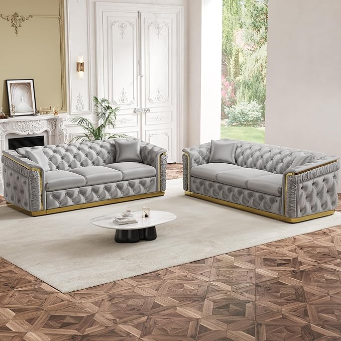 Luxury Chesterfield Sofa Set of 2, Velvet Tufted Couch Victorian Black and Gold - Image 3