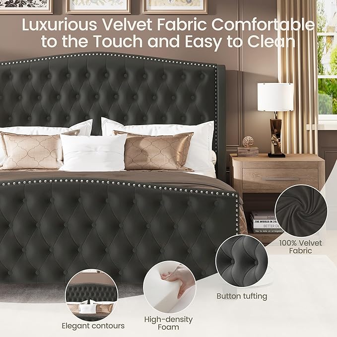 LARMACE King Size Bed Frame Velvet Upholstered Platform Bed - Image 5