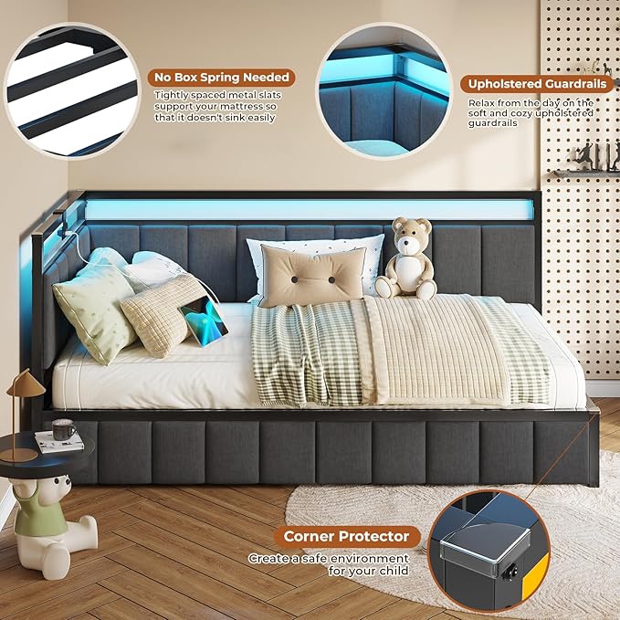 DICTAC Corner Bed Frame with 2 Storage Drawers and Charging Station Twin XL - Image 6