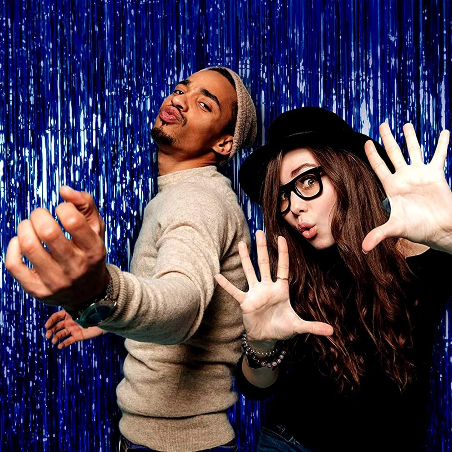 4 Pack Blue Foil Fringe Curtain Backdrop, 3.28Ftx8.2Ft Metallic Tinsel Streamers for Sea Party, Photo Booth Props, Birthday, 2022 Summer Ocean Theme Party Decoration Supplies