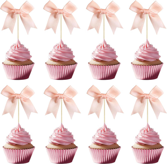 Gyufise 24Pcs Bow Cupcake Toppers Coquette Bow Girls Birthday Cake Decorations Bowknot Cake Toppers Bowknot Cupcake Picks for Baby Shower Birthday Wedding Bridal Engagement Party Supplies Dark Pink