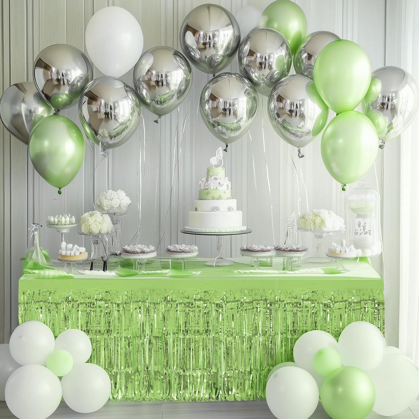 2 Pack Light Green Table Skirts, 29x108" Metallic Foil Tinsel Fringe Table Skirts for Rectangle Tables Streamer Curtains Backdrop, Party Decorations for Birthdays Weddings Holidays