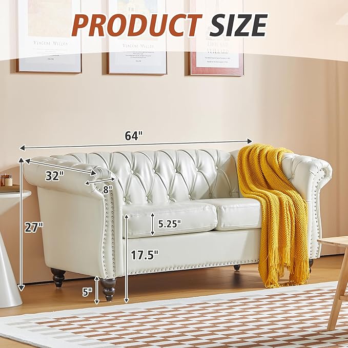 ORRD 2 Pieces Living Room Set, Chesterfield Faux Leather Sofa Loveseat Couch - Image 2