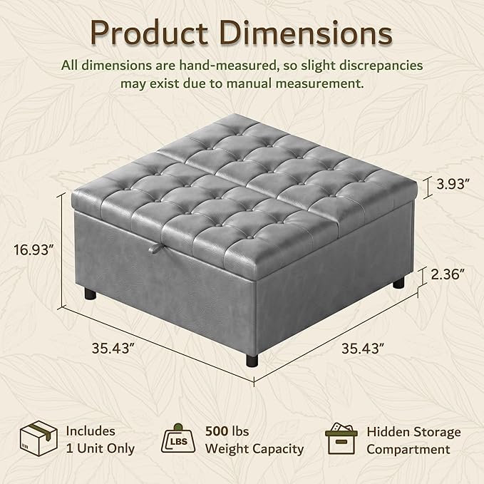 LINLUX Extra Large Leather Storage Ottoman, 35.5 Inch Large Square Lift Top - Image 2