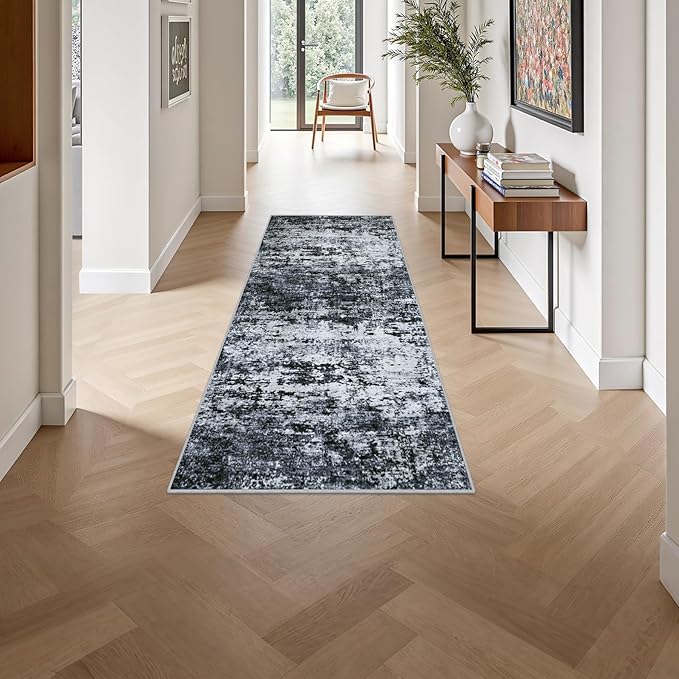 2'x5'Runner Rug Washable Rug: Modern Abstract Soft Thin Runner Rug Black - Image 4