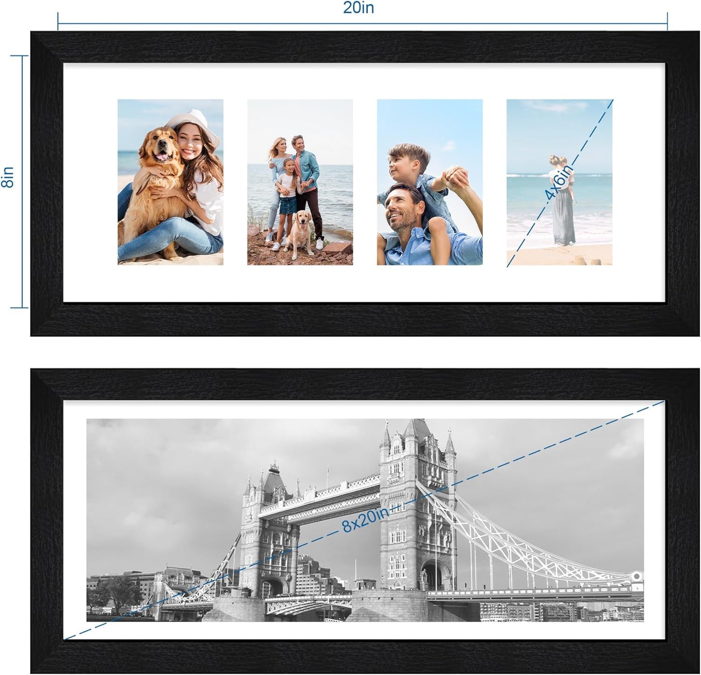 8x20 Picture Frame Set of 2, Rustic Black Wood Frame with Tempered Glass Collage Frame, Display Pictures Four 4x6 With Mat or 8 x 20 Without Mat - Horizontal or Vertical Wall Mounting