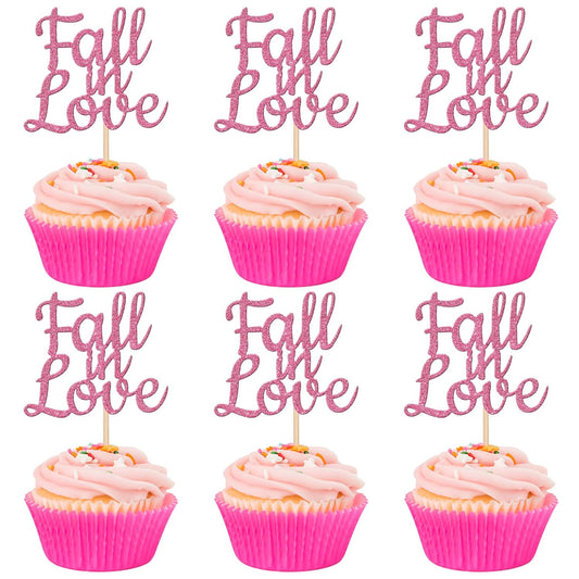 24 PCS Fall in Love Cupcake Toppers Glitter Fall Theme Party Cupcake Picks Bridal Shower Cupcake Decorations for Autumn Wedding Engagement Anniversary Birthday Party Cake Decorations Supplies Pink