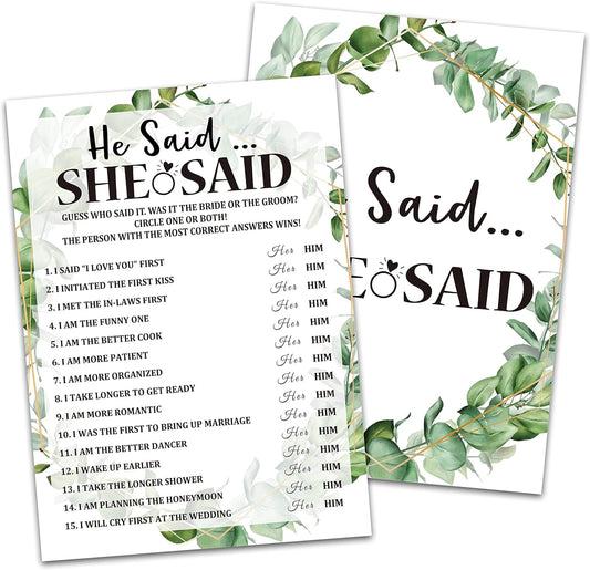 Bridal Shower Game Cards, He Said She Said Game, Tropical Jungle Theme Engagement Party Cards For Wedding, Set of 30 (Leaf002)