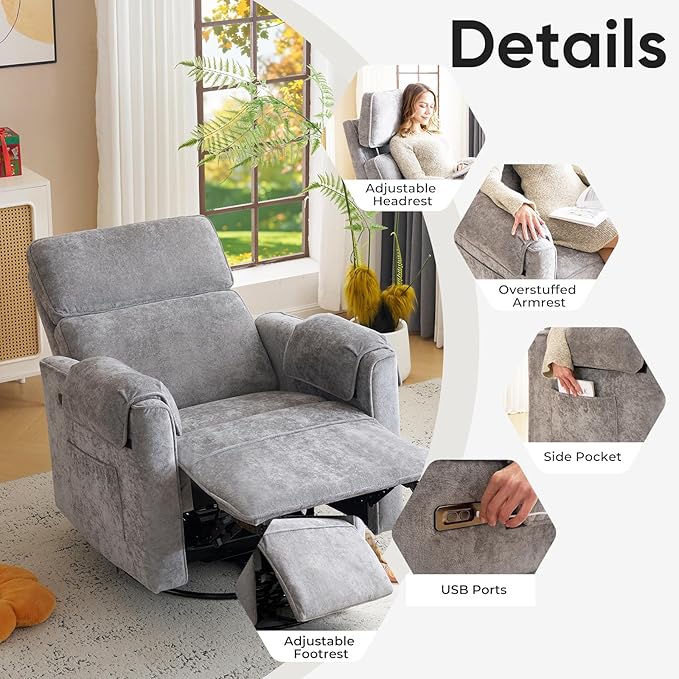 Oversized Power Recliner Chair, Chenille Glider Rocking Nursery Chair - Image 9