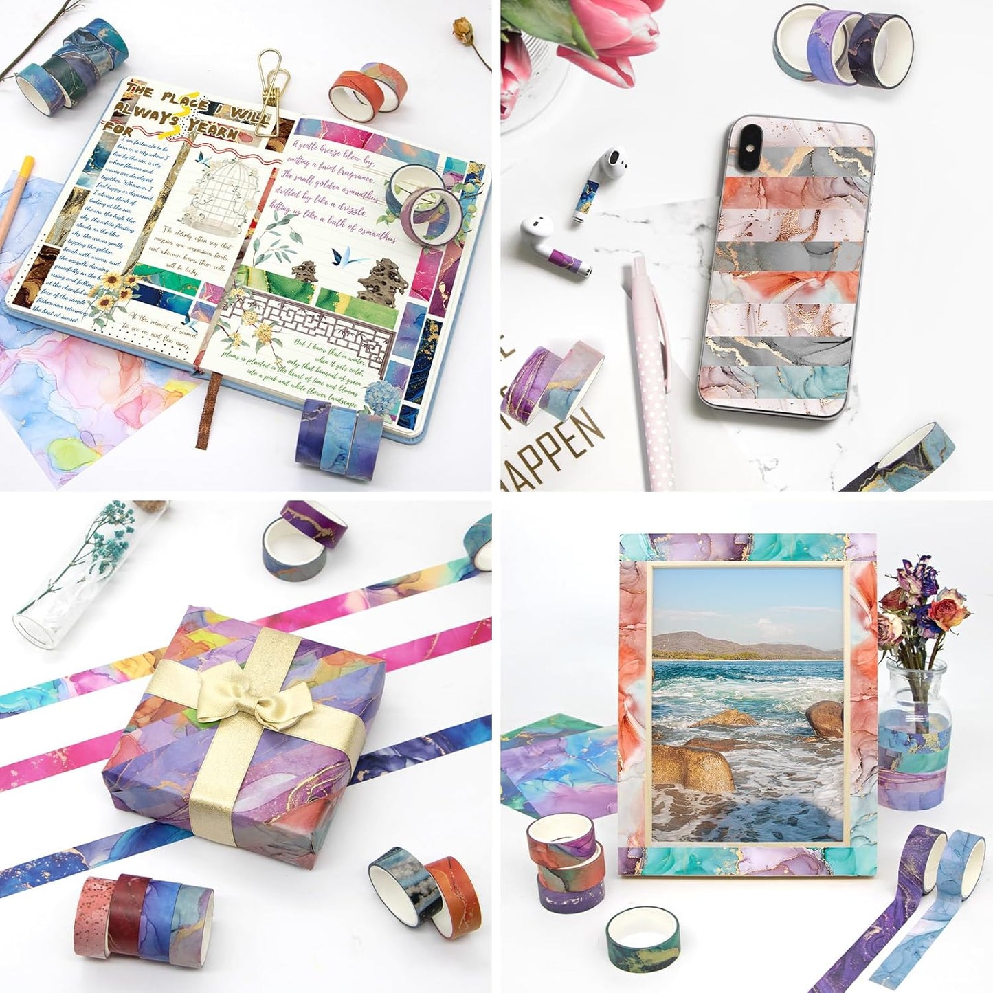 48 Rolls Washi Tape Set - Decorative Masking Tape Colored Marbling Patterns, Adhesive Artists Tapes for Journaling Supplies, DIY Crafts, Scrapbooking, Junk Journal Supplies, School Supplies