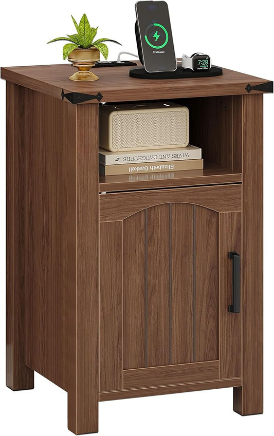 Farmhouse Nightstand with Charging Station, End Table with USB/Type-C Ports and by Decofy