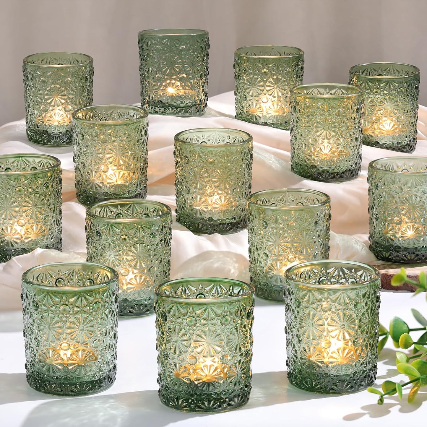 Green Votive Candle Holder Set of 36, Flower Tea Lights Candles Holders for Wedding Table Decor, Birthday Parties, Vintage Home Decor, Bridal Shower and Holiday Decorations