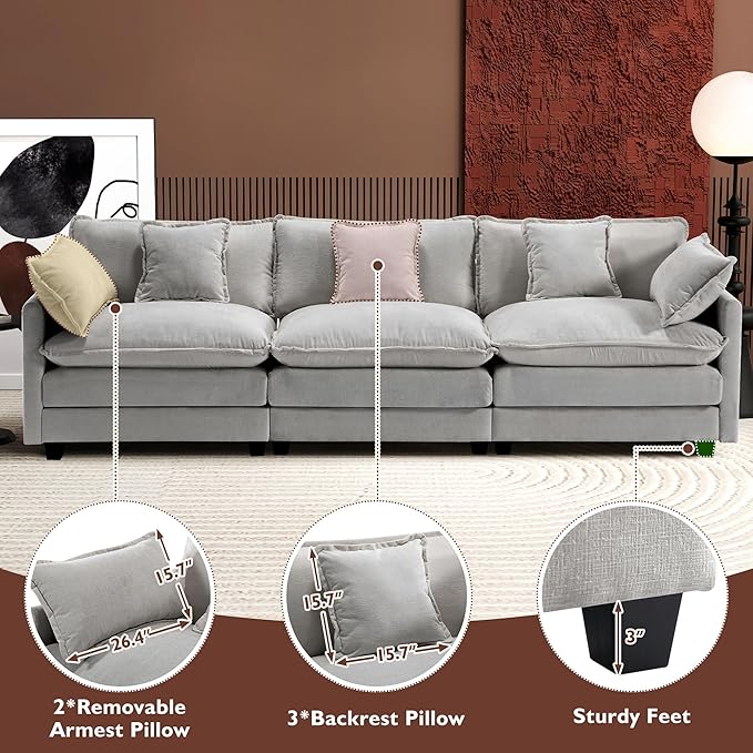 Ihanherry 111.4 Inch 3-Seater Cloud Sofa, Modular Sectional Couch, Modern Deep - Image 6