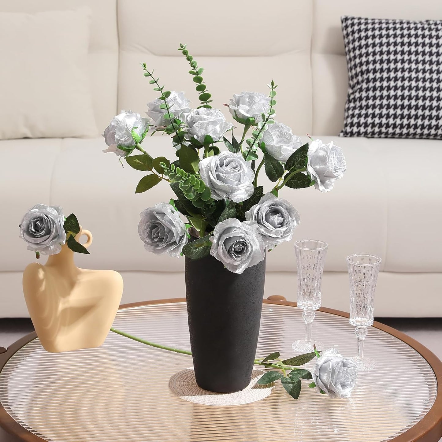 Tifuly Silver Roses Artificial Flowers -12Pcs Realistic Single Long Stem Fake Silk Roses Bouquet for Party Home Wedding Centerpiece Hotel Office Decor