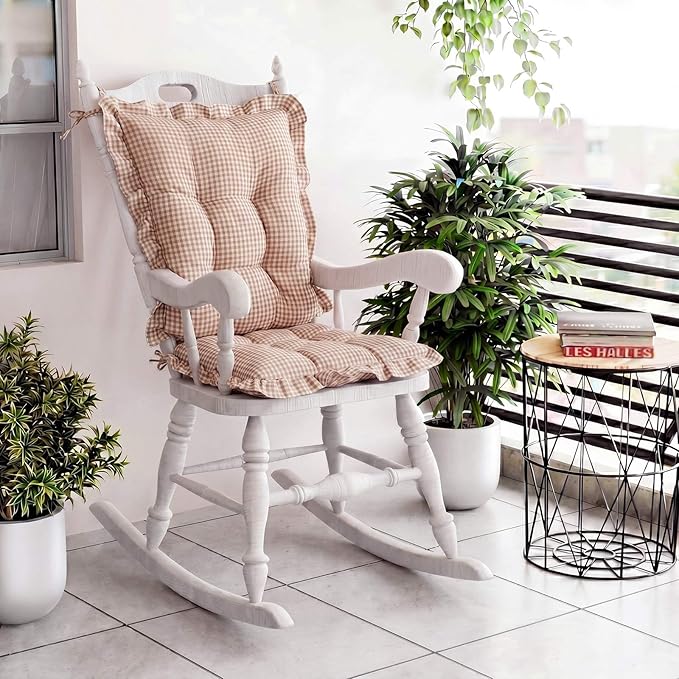 Lewtemi 2 Set Brown Gingham Rocking Chair Cushion Village Ruffled Rocking Chair - Image 4