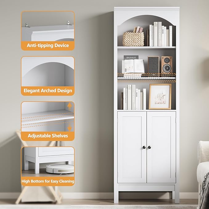 Bookshelf with Doors, Floor Standing Display Storage Cabinet - Image 5