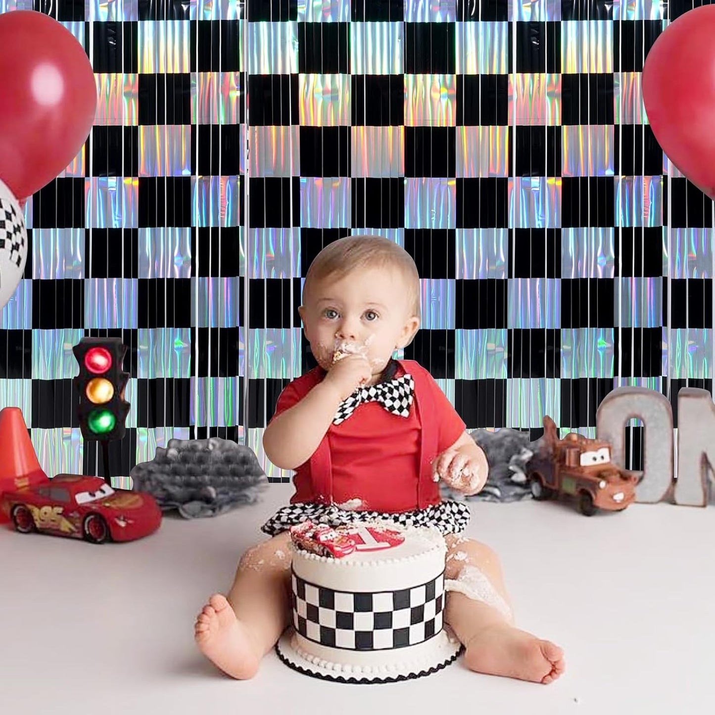 2 Pack 3.3Ft x 6.6Ft Race Car Checkered Foil Fringe Curtain Backdrop Decorations, Black Iridescent Metallic Tinsel Foil Streamers Curtain Photo Booth for Race Car One Happy Dude Birthday Party Decor