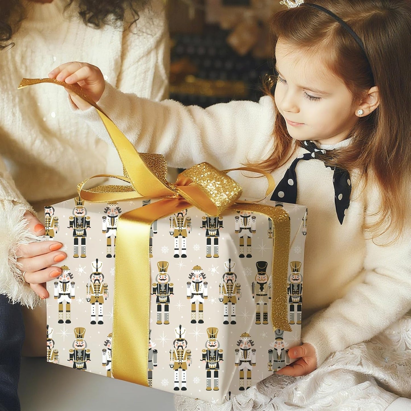 Ulmasinn Reversible Christmas Wrapping Paper Roll - 17" x33ft Double-Sided Designs with Luxury, Gold Nutcracker & Minimalist Black Forest, Xmas Gift Wrap for Presents, Table Decor & Crafting