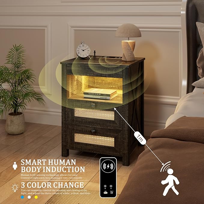 Night Stand Set 2 with Gun Drawer, Bedside Table with Charging Station - Image 5