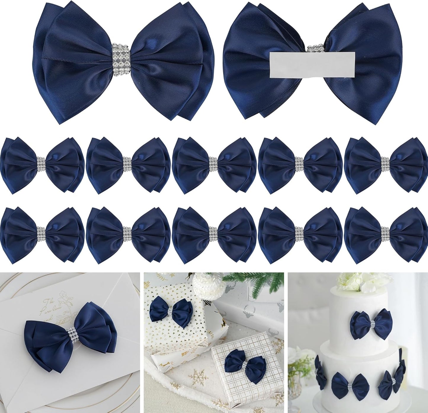 Navy Satin Bows 4'' Premade Blue Ribbon Bow, Gift Bows with Rhinestone, Wrapping Bows for Presents, Greeting Cards, Treat Bags, Wine Bottles, Valentines Bows for Gift Wrapping-12 Counts