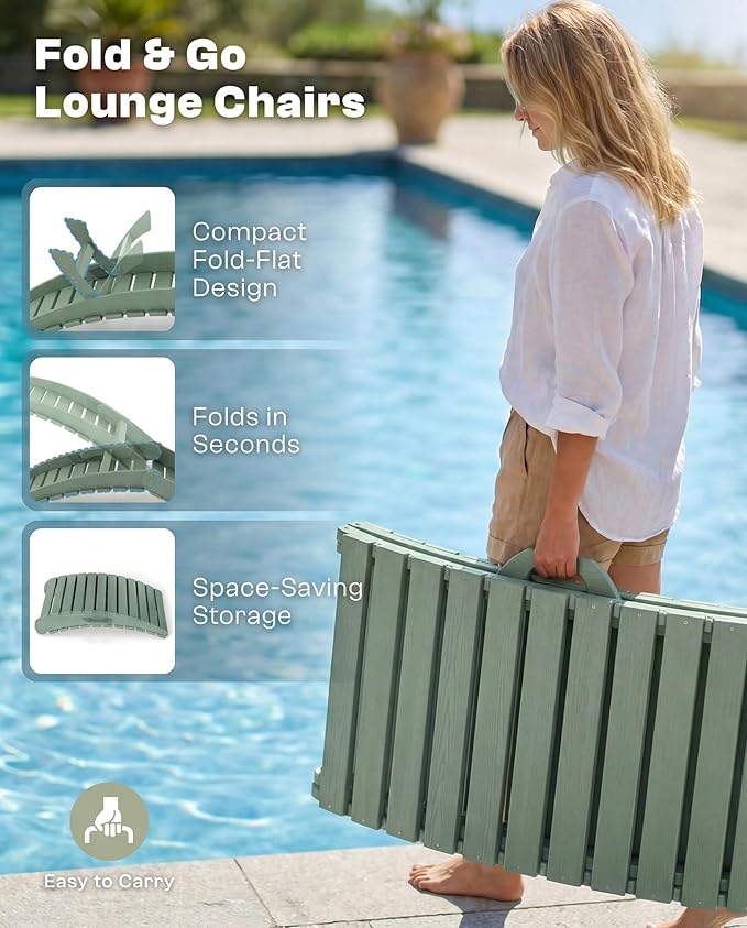 Folding HDPE Pool Lounge Chairs Set of 2, Pre-Assembled Outdoor Chaise Lounge - Image 3