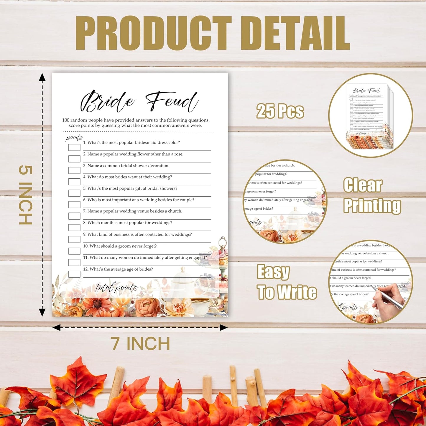 Fall Bridal Shower Games Cards, Bride Feud Wedding Bachelorette Party Games, Fall in Love Bridal Shower Decorations, 25 Cards, G05