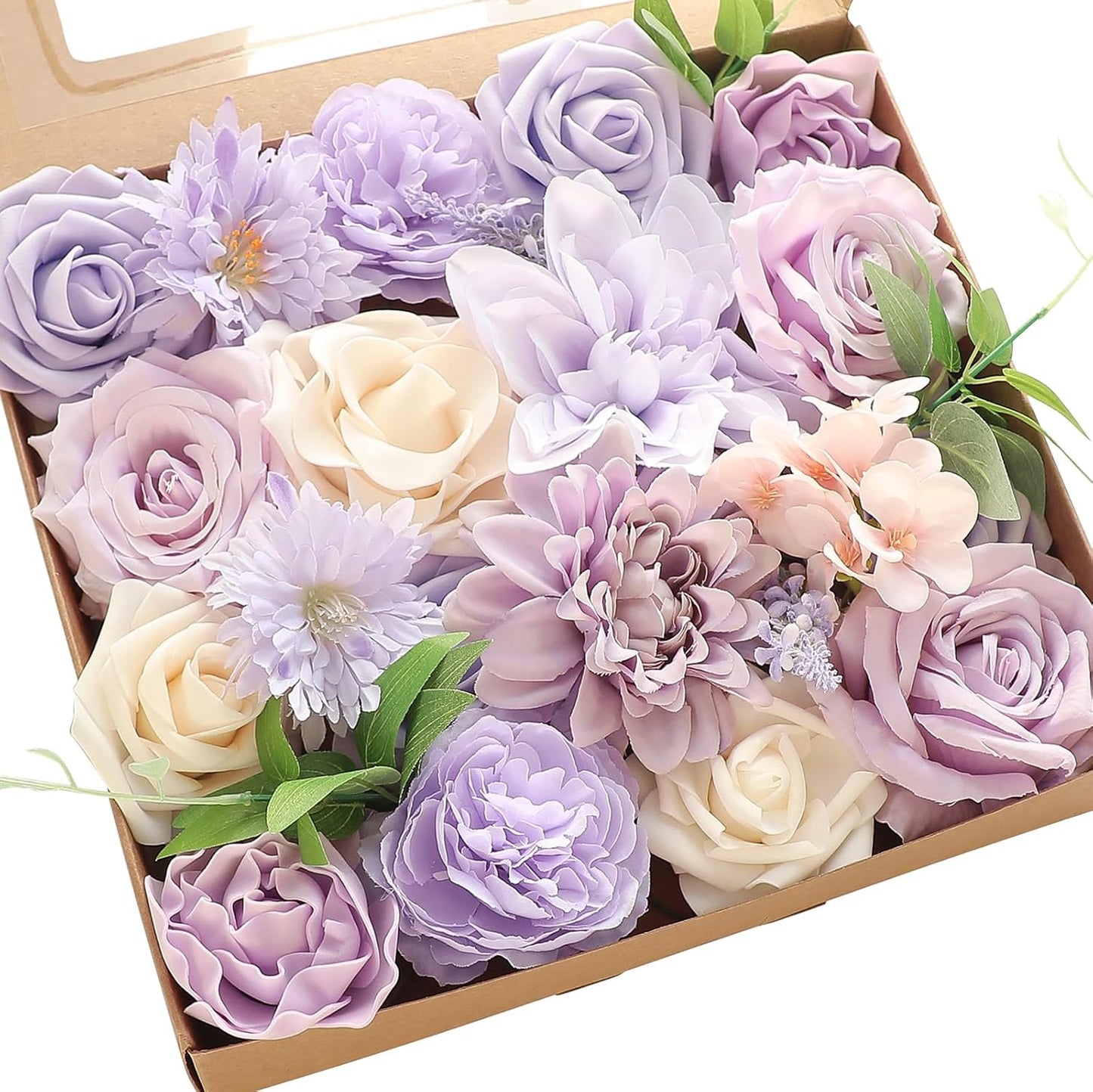 Floroom Lavender Violet Lilac Artificial Flowers Fake Roses Peonies Dahlias Greenery Combo Box Set for DIY Purple Wedding Bouquets Bridal Shower Centerpieces Floral Arrangements Party Table Decoration