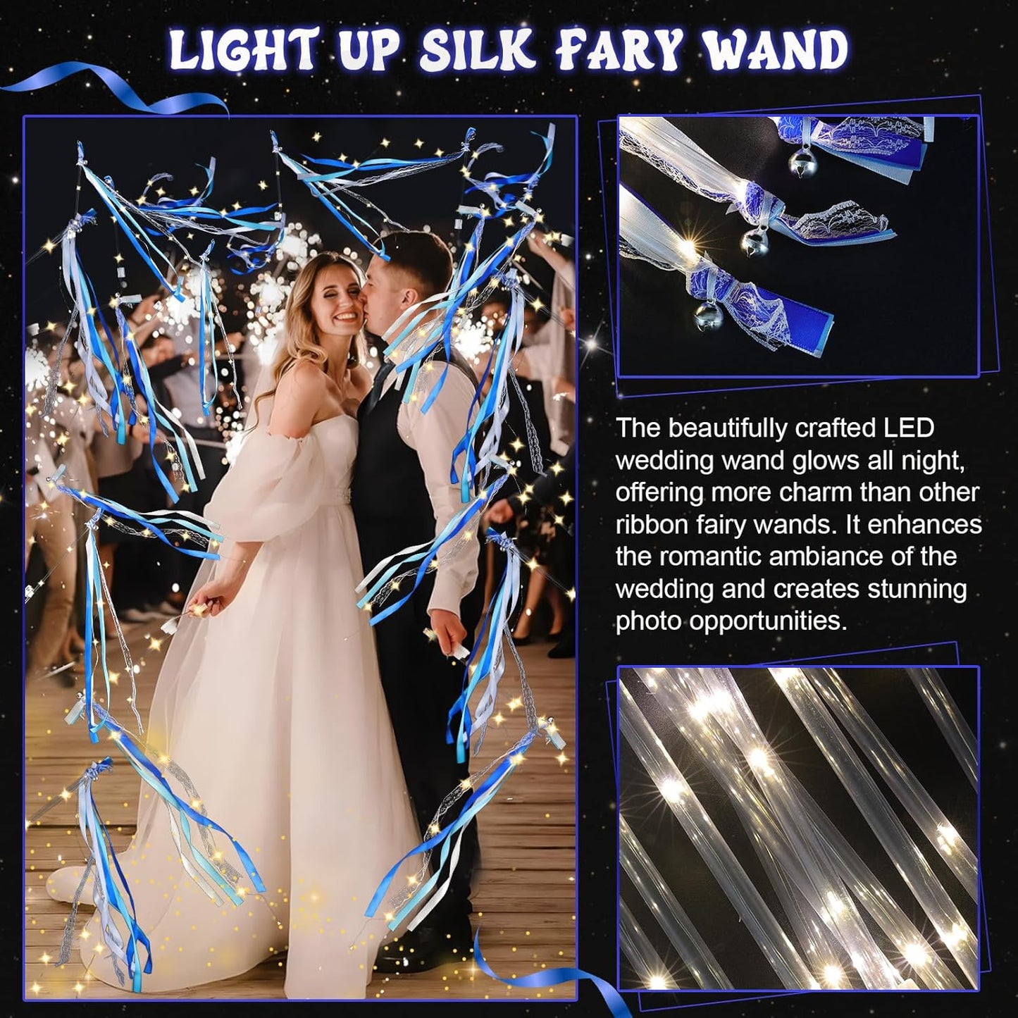 100 Pcs Wedding Wands Ribbon with 3 Colorful Flashing Modes, Light up LED Silk Fairy Wands, Glow Lace Stick with Bells for Wedding Reception, Graduation, New Year, Birthday Party (Blue)