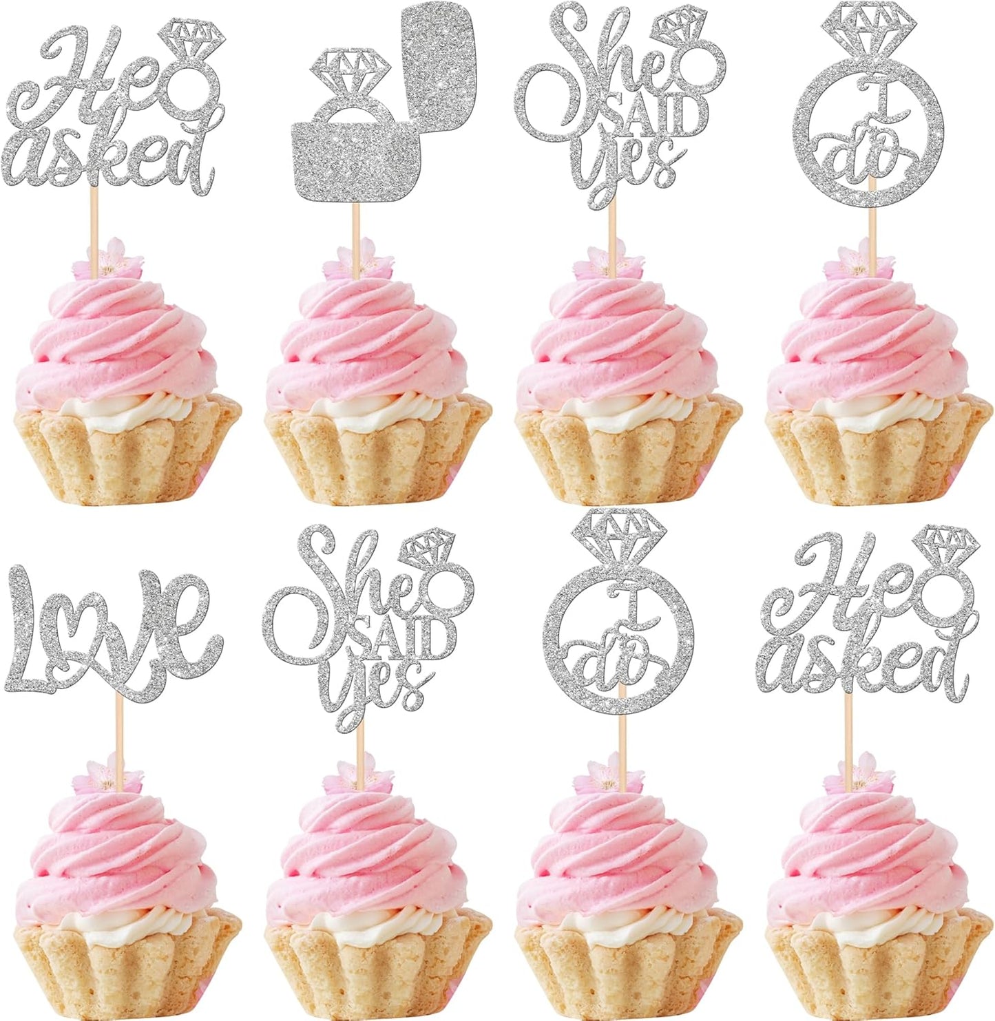 30 PCS He Asked She Said Yes Cupcake Toppers Diamond Ring Cupcake Picks Love I Do Bridal Shower Cupcake Decorations for Wedding Enaggement Theme Party Cake Decorations Supplies Silver
