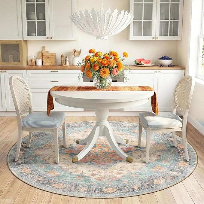 RELEANY Area Rugs Round 6ft Washable Non-Slip, Floral Vintage Distress Print - Image 2